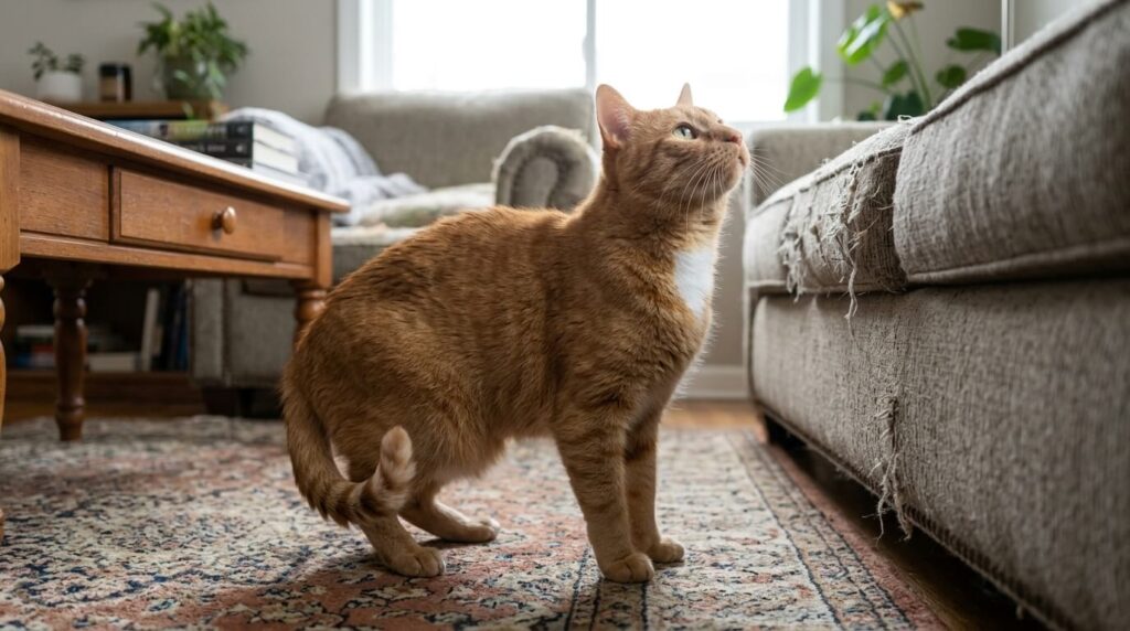 Oliver the orange tabby cat showing signs of cat arthritis through jump hesitation