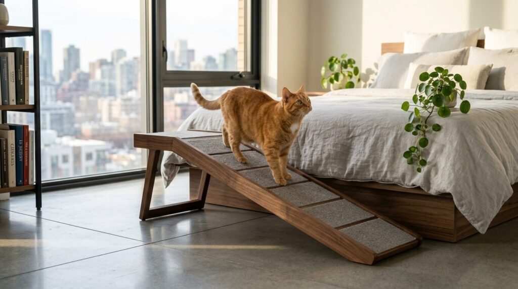 Using a pet ramp to assist a cat showing signs of cat arthritis in an apartment