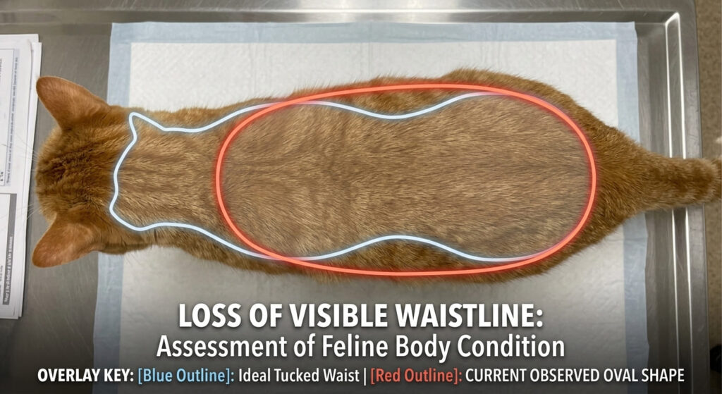 Understanding why is my indoor cat getting fat by checking their waistline.