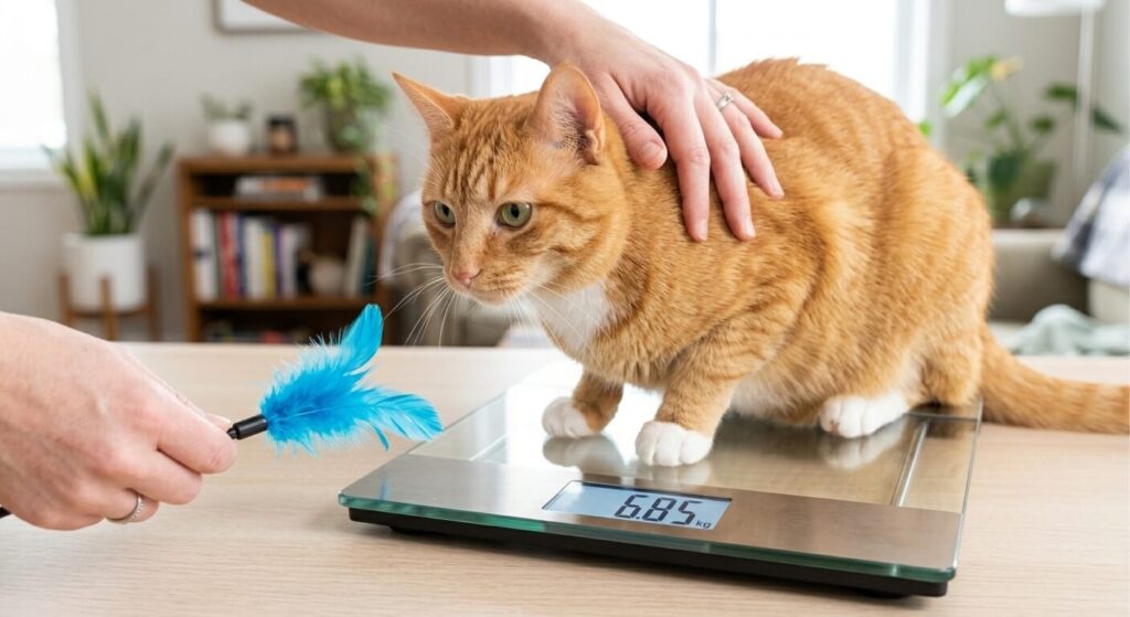 Monitoring weight to prevent obesity in indoor cats.