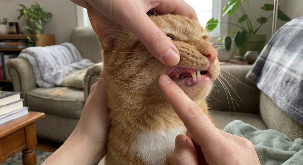 Oliver the orange tabby receiving a cat health check at home to inspect gum color