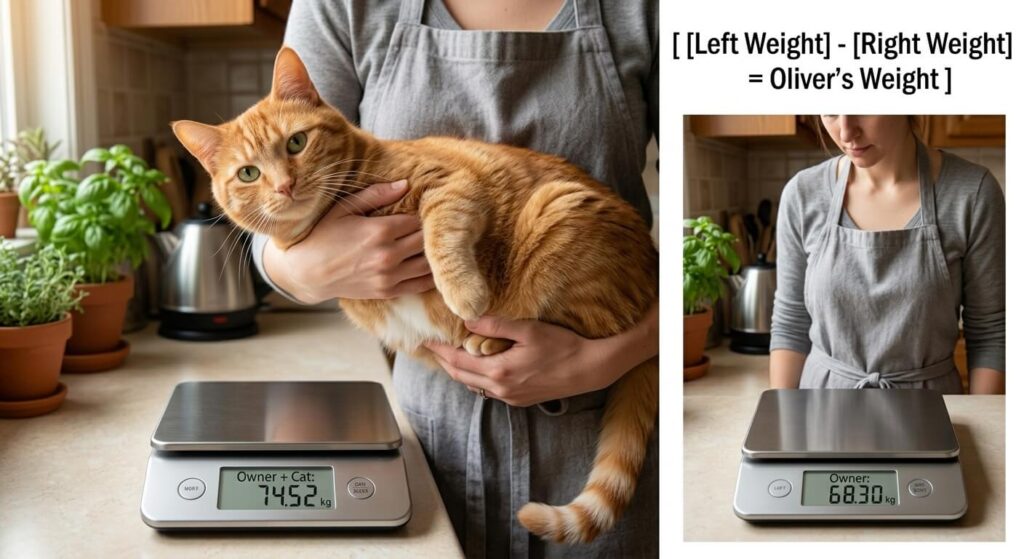 Using the subtraction method for body weight during a cat health check at home