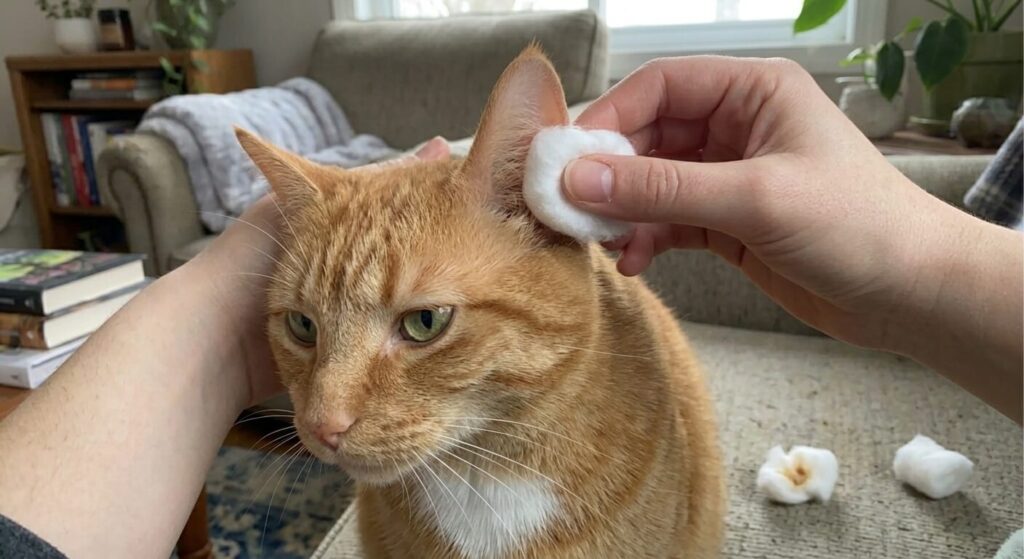 Wiping the pinna after following the best way for how to clean cat ears