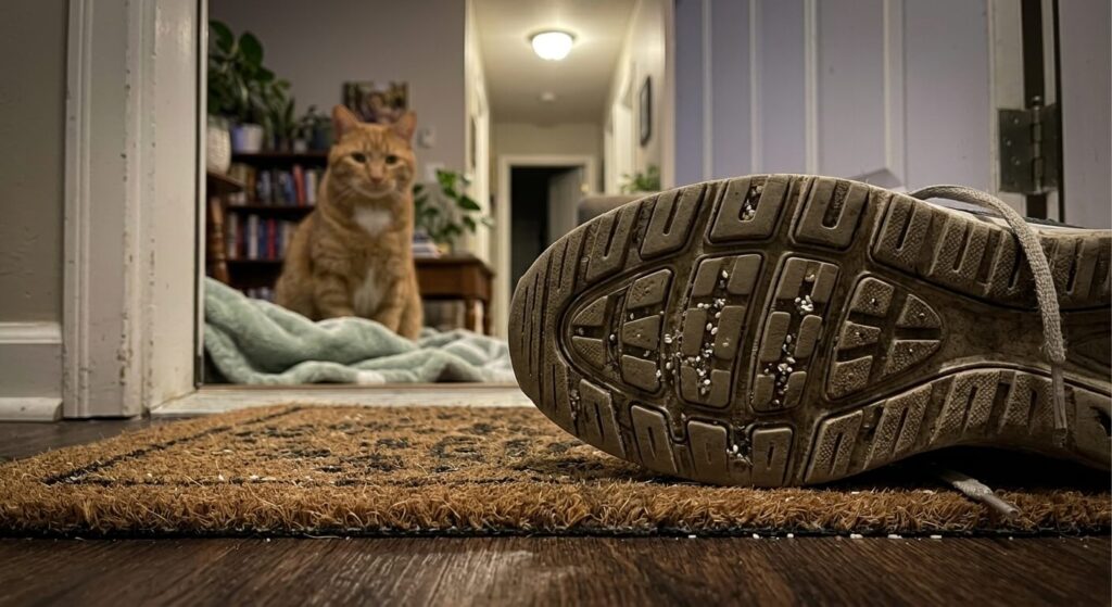 Concept of why do indoor cats need flea treatment via shoe carried parasite eggs