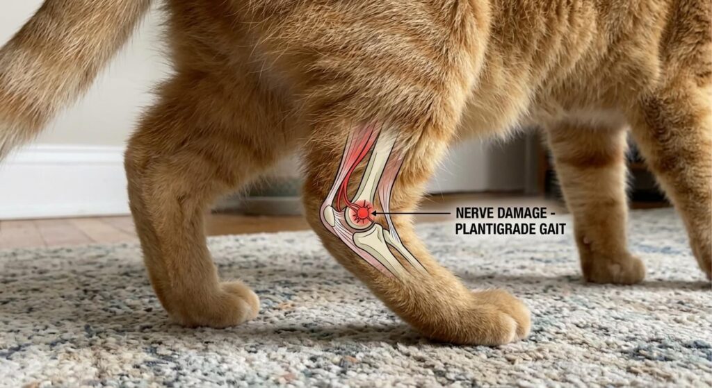Feline diabetic neuropathy (plantigrade stance) as a key cat diabetes symptoms warning.