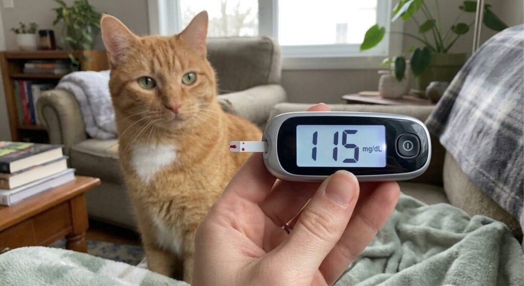 Monitoring glucose levels at home to manage cat diabetes symptoms.