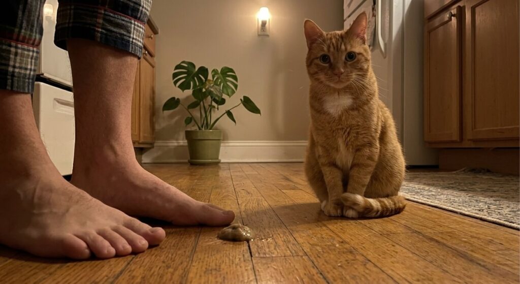 Oliver the orange tabby sitting near a mess illustrating cat vomiting vs hairball identification