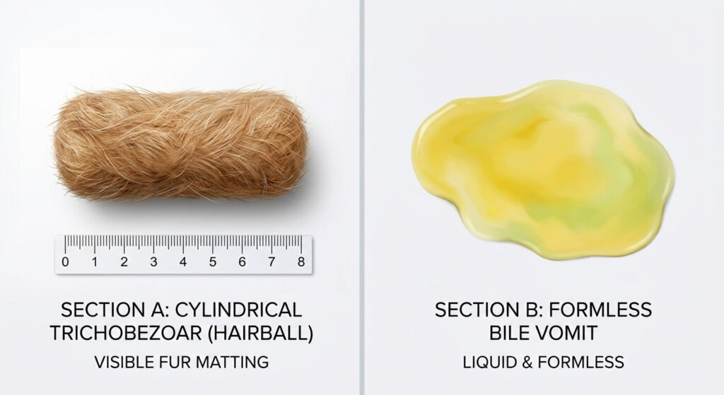 A clinical comparison chart of cat vomiting vs hairball shape and content