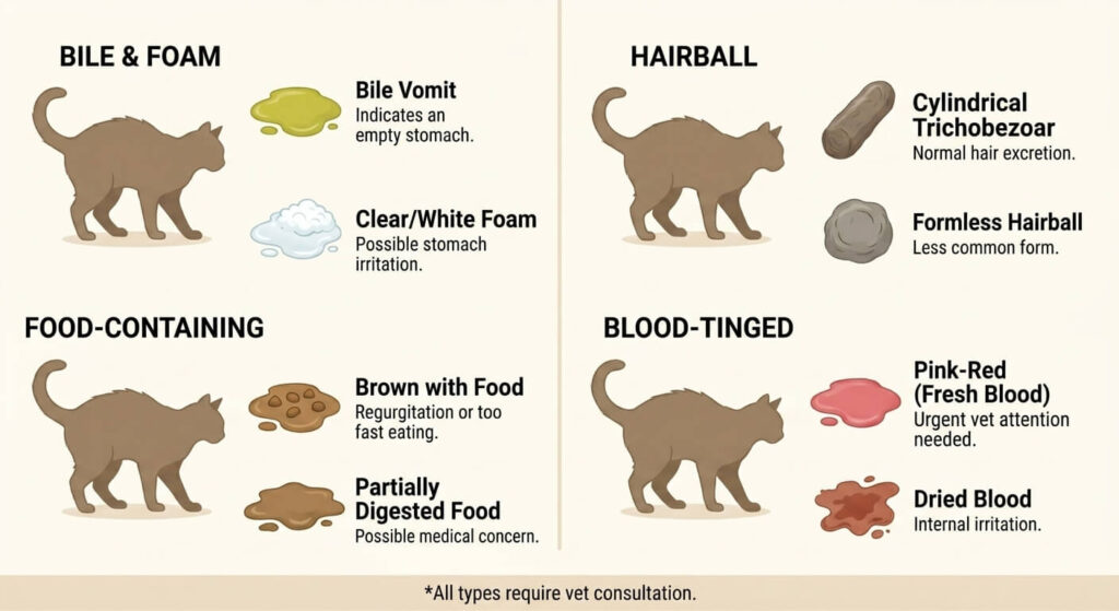 Educational infographic of cat vomiting vs hairball color meanings for cat owners