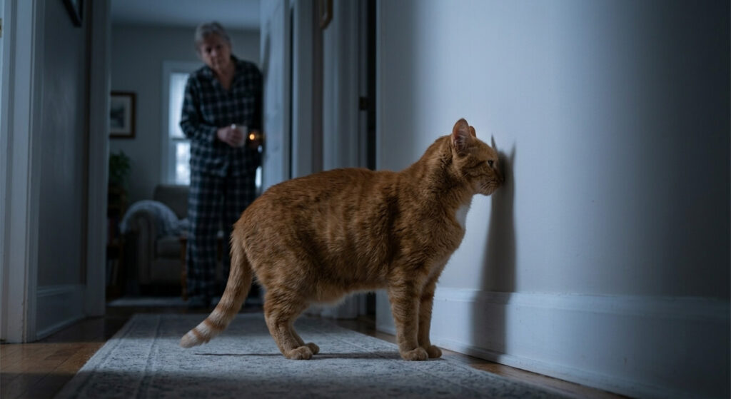 Oliver the orange tabby cat demonstrating common senior cat dementia signs like disorientation