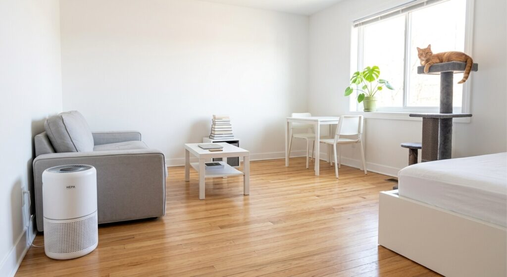 Modern studio layout optimized for living with cat allergies in small apartment