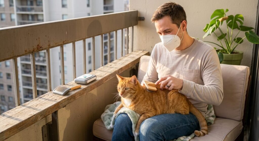 Brushing a cat outdoors to help with living with cat allergies in small apartment