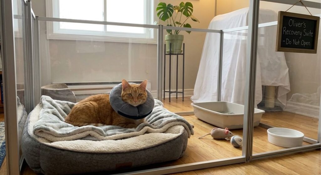 Orange tabby Oliver in a home recovery suite for cat post surgery care