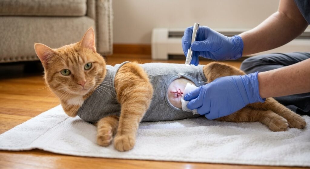 Vet tech inspecting an incision site as part of professional cat post surgery care