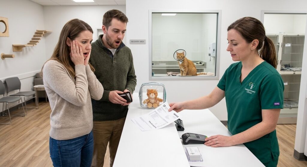 A veterinary technician explaining why is pet insurance worth it for indoor cats with an expensive invoice