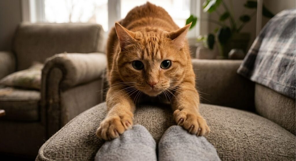Orange tabby Oliver in a pounce posture, illustrating why does my cat bite me