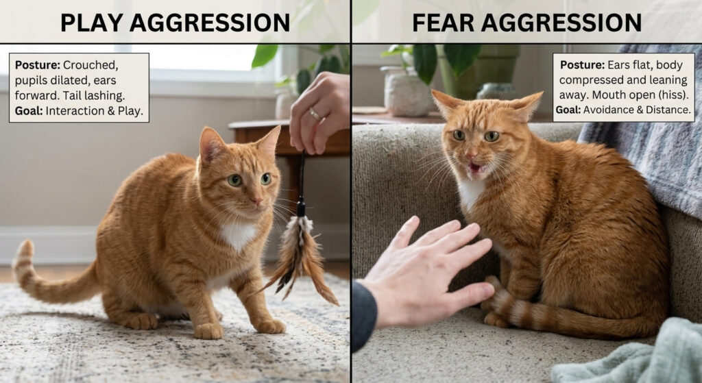 Educational chart comparing play vs fear to answer why does my cat bite me