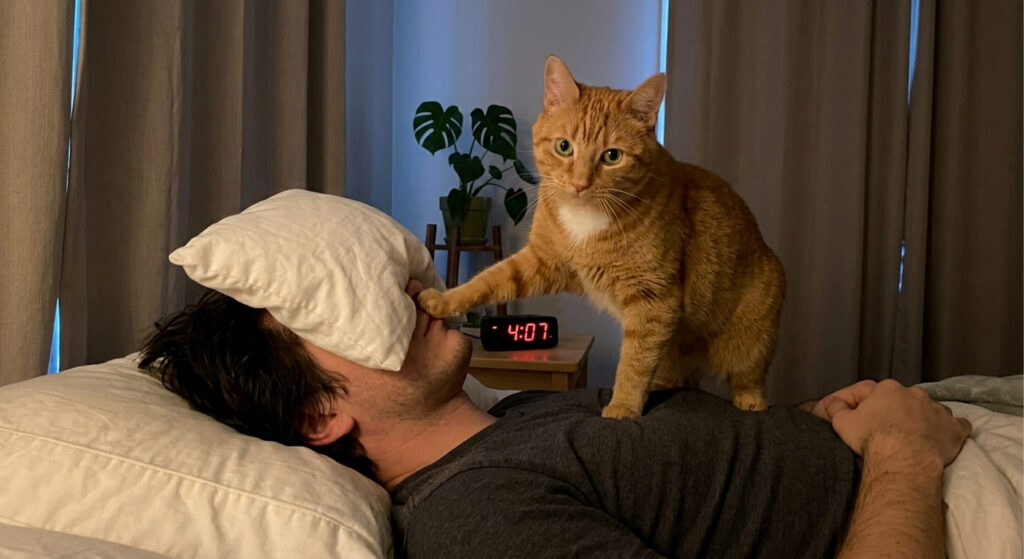 Oliver the orange tabby sitting on owner's face at 4 AM, showing why owners want to stop cat waking me up at night