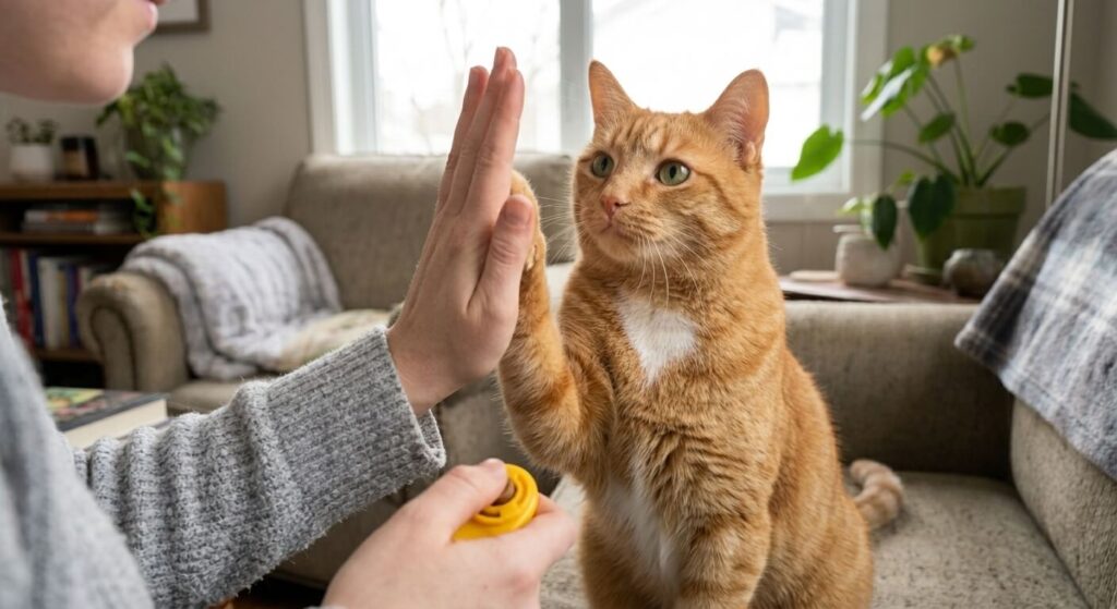Initial association step of how to clicker train a cat with an orange tabby