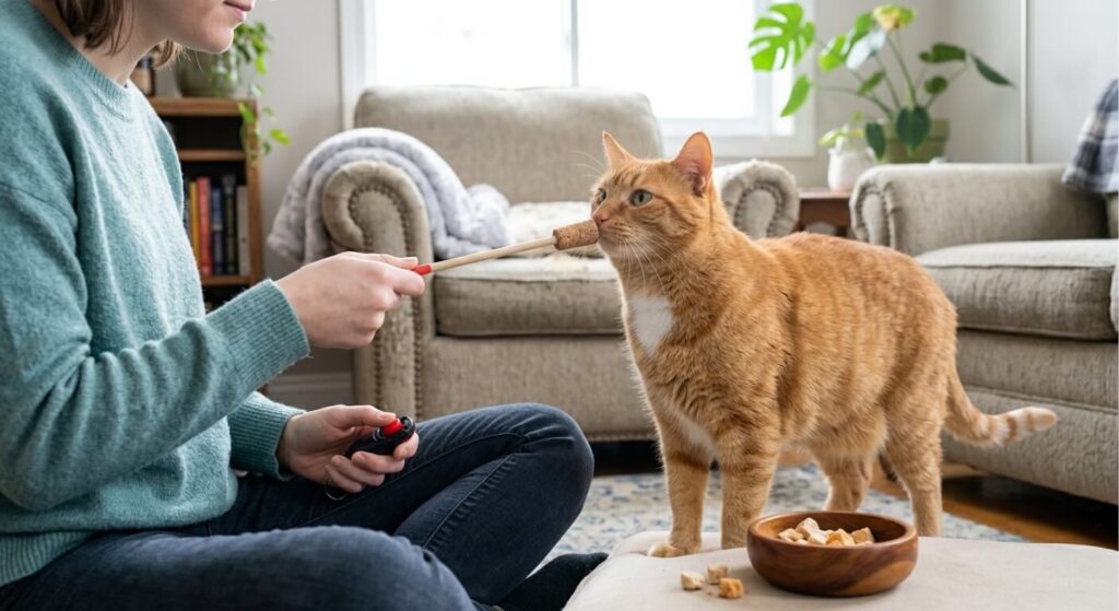 Using a wooden target stick as a tool for how to clicker train a cat