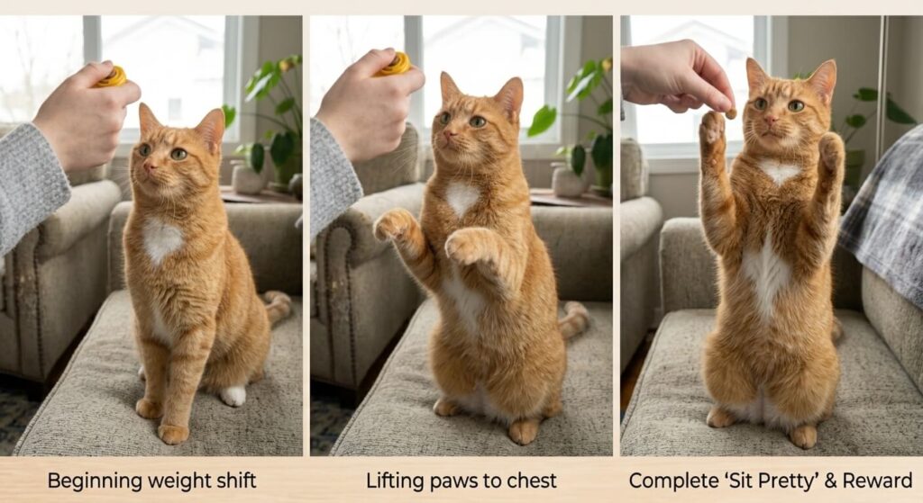 Successful high-five trick after mastering how to clicker train a cat in a studio