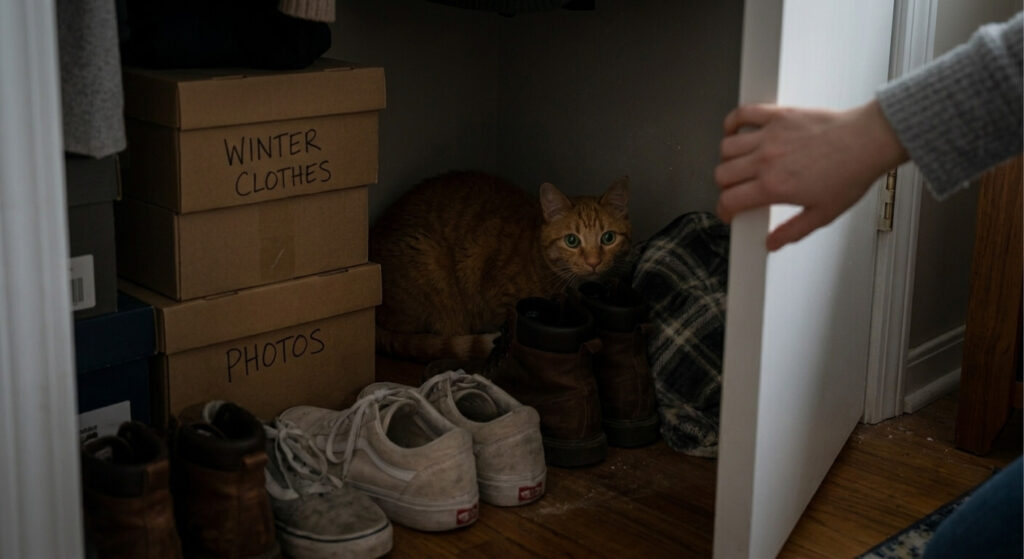 Oliver the orange tabby demonstrating why is my cat hiding in a dark closet during stress