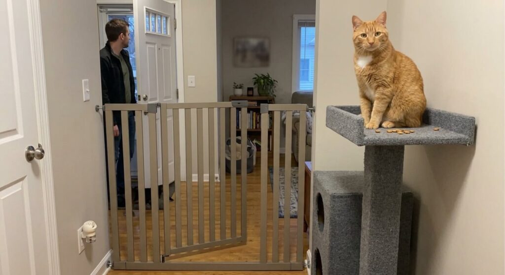 Installing an air-lock pet gate system to learn how to stop cat from running out door