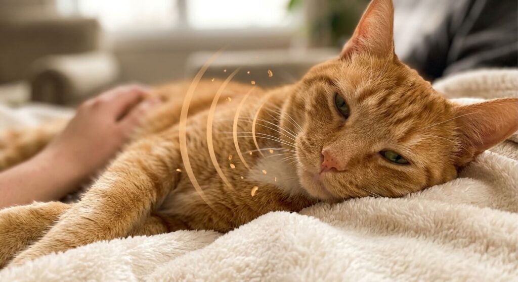 Oliver the orange tabby cat demonstrating the classic reason for why do cats purr