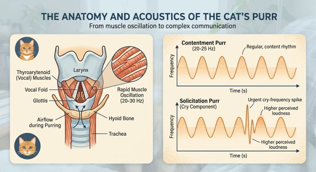 Detailed anatomy of a cat's throat explaining how and why do cats purr at specific frequencies