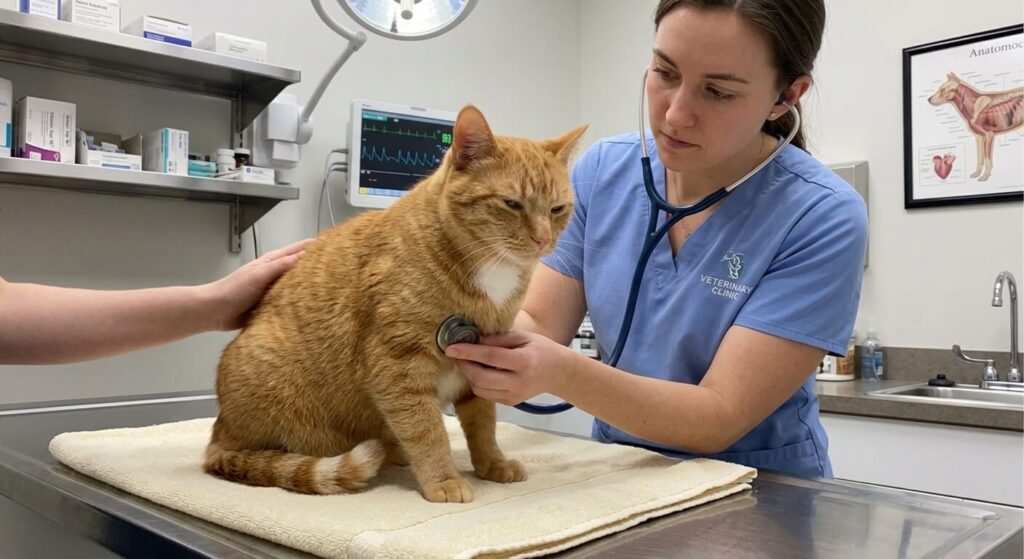 A vet tech using a stethoscope to distinguish between respiratory sounds and why do cats purr