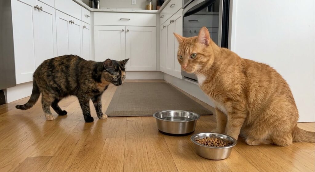 Oliver the orange tabby cat demonstrating subtle cat resource guarding behavior