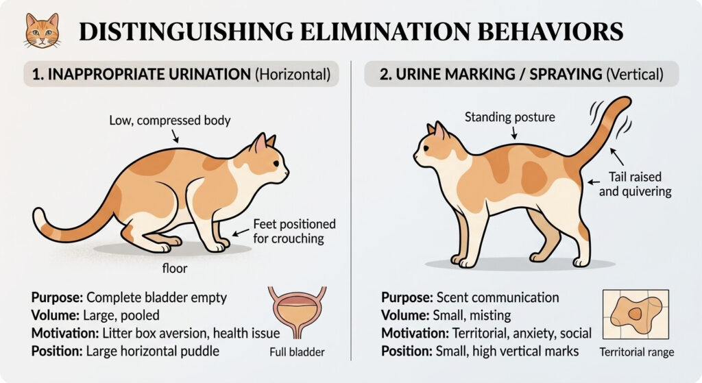 Diagnostic chart of postures associated with a cat peeing outside litter box