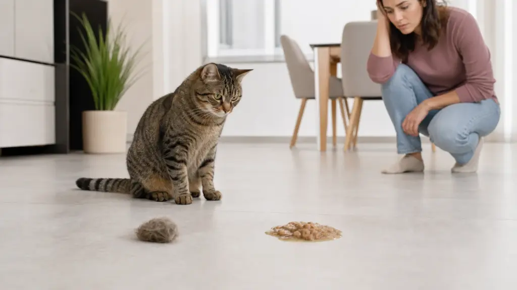 Cat vomiting vs hairball comparison showing different material