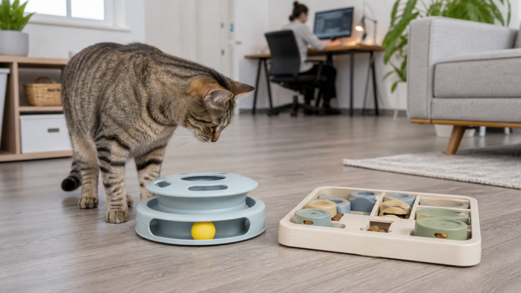 Indoor cat inspecting enclosed interactive toys designed for safer solo play