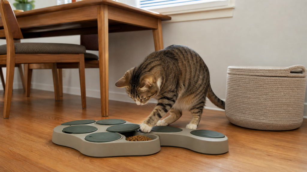 Indoor cat using a food puzzle as part of a measured solo play rotation