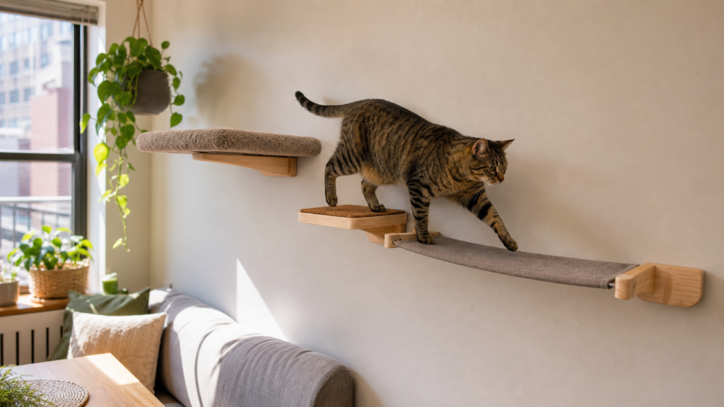 Best cat wall shelves with traction surfaces in a small apartment