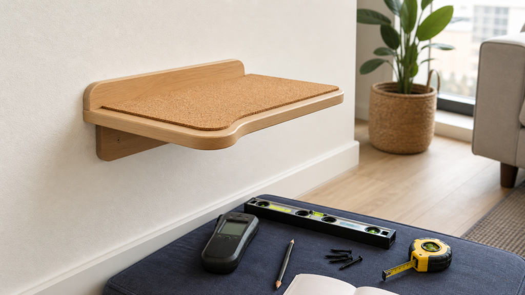 Cat wall shelf installation check with level and wall detector