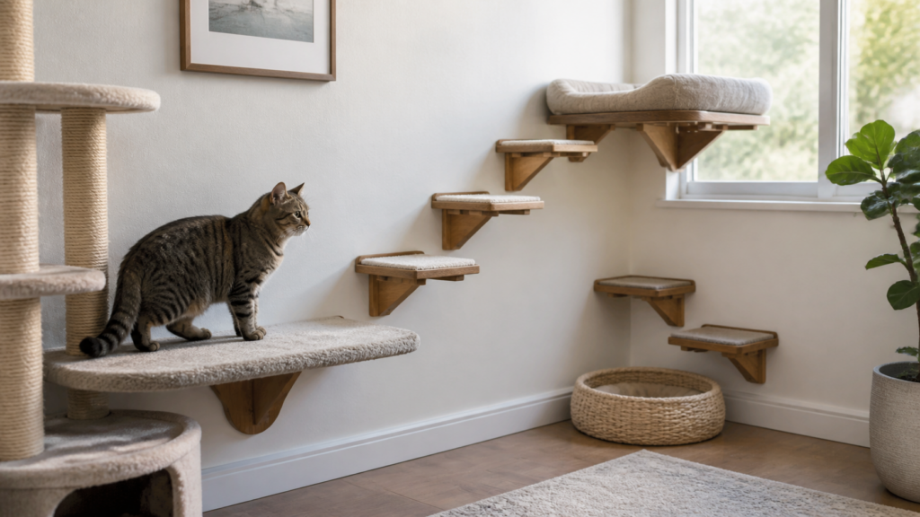 Low traction-covered cat wall shelf route for a senior indoor cat
