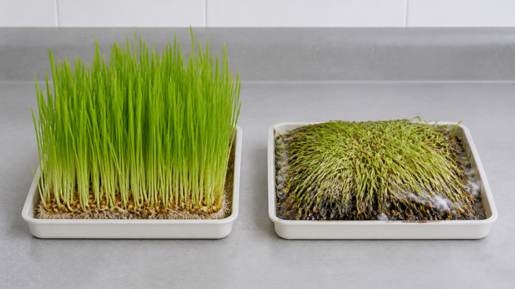 Healthy cat grass compared with moldy cat grass that should be discarded