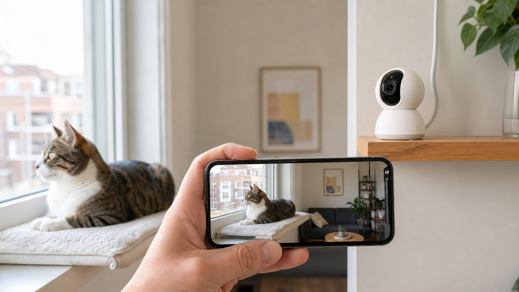 Best pet camera for cats showing a live apartment view on a smartphone