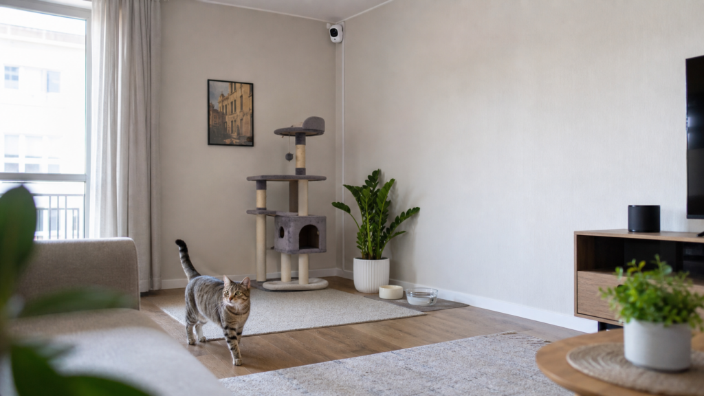 Pet camera mounted securely above an indoor cat activity area