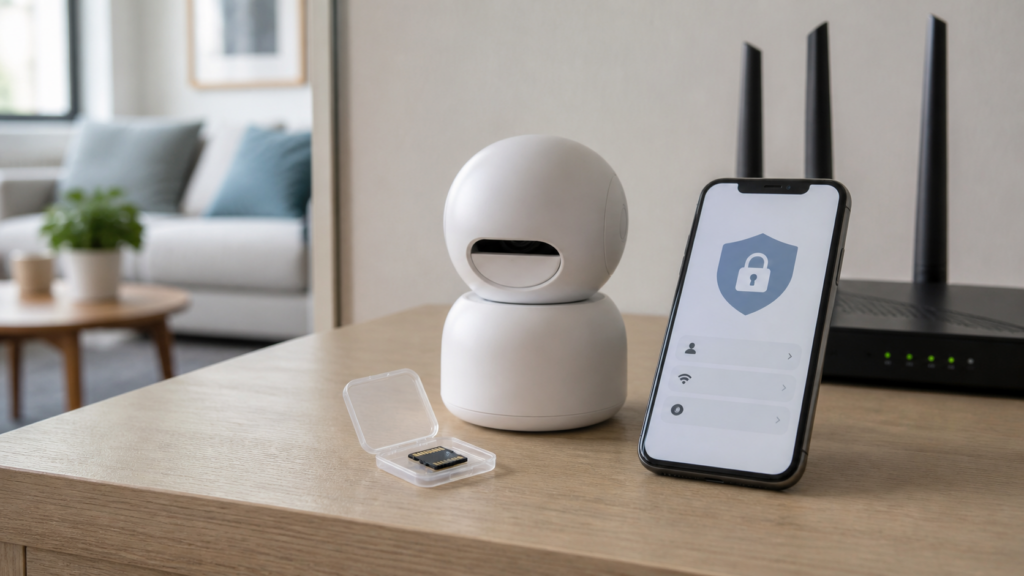 Pet camera privacy mode with local microSD storage and secure account settings