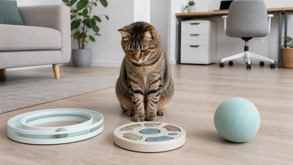 Best interactive cat toys for solo play including a ball track food puzzle and sturdy rolling ball