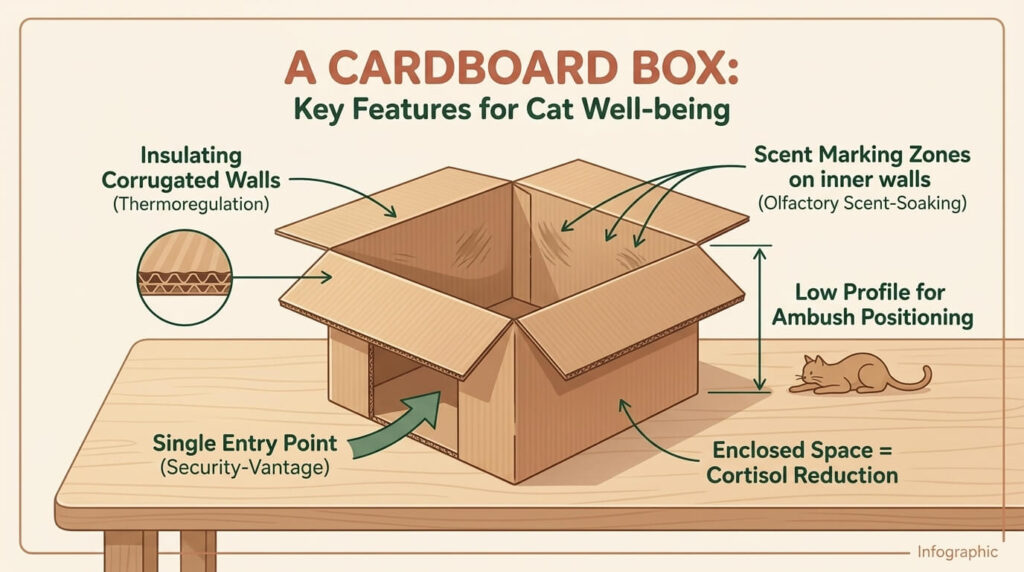Educational diagram explaining the physics and biology of why do cats like boxes