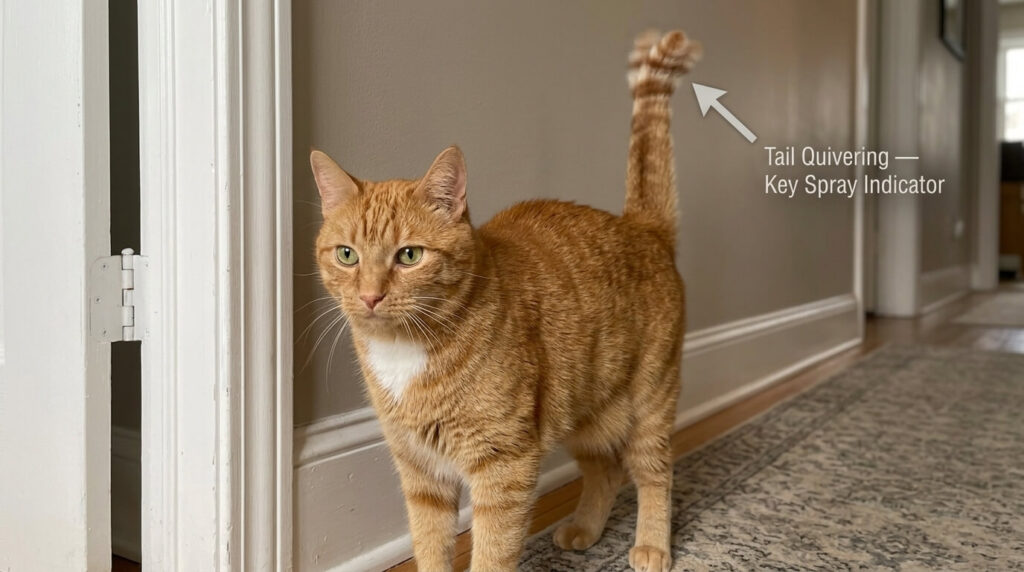 Oliver the orange tabby demonstrating classic behavior to answer cat spraying vs peeing