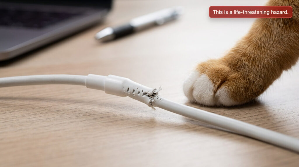 Damaged charger showing teeth marks and why we need to know how to stop cat chewing cords