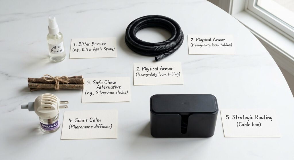 Essential tools for how to stop cat chewing cords including bitter spray and split-loom tubing