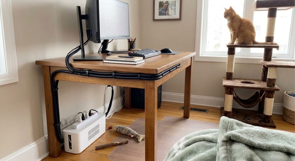 A cat-proofed home office showing the best practices for how to stop cat chewing cords