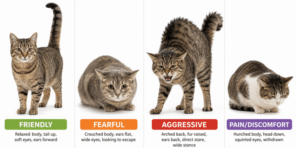 A clinical chart of four different cat body language meaning panels: friendly, fearful, aggressive, and pain