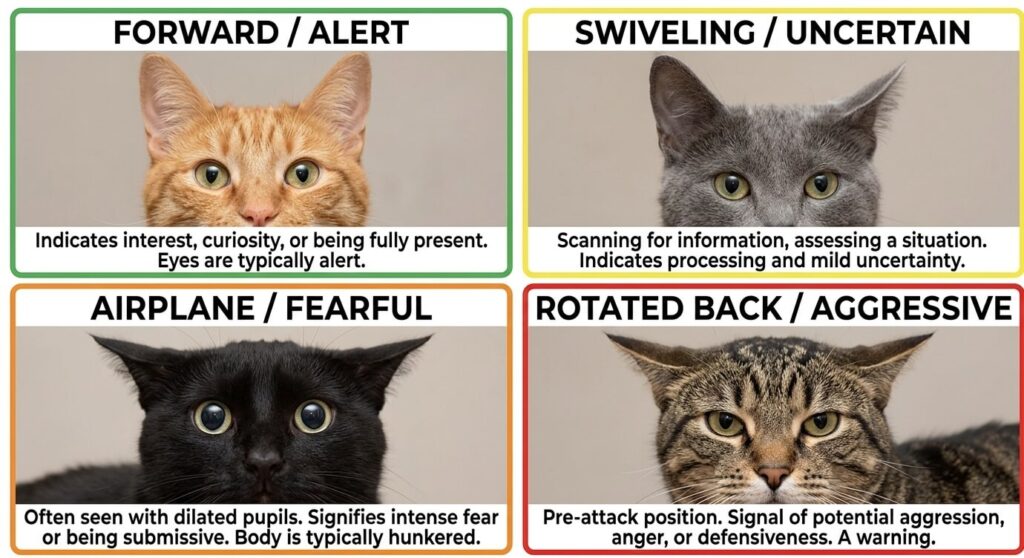 Detailed ear positions explaining cat body language meaning for indoor owners